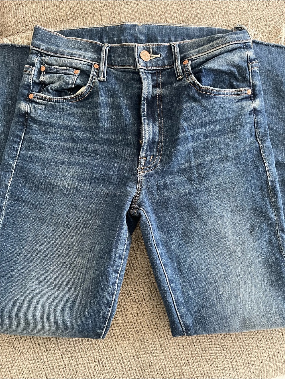MOTHER Blue Denim Jeans with Copper Rivet Accents